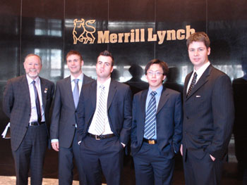 After placing first in the North American  round of the Global Research Challenge in New York City, Student  Investment Team members visit the Merrill Lynch trading floor. L-R:  Glenn Cleland (Director, Centre for Financial Studies and SIF  Instructor), Brian Bagnell, Dustin Besaw, Guofeng (Jack) Ma, and Jason  Misener. 