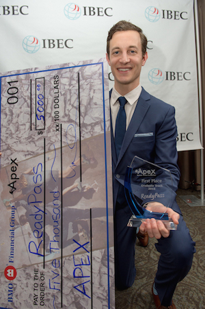 Alex Kall (MBA student and team leader) accepts first place prize for ReadyPass in the graduate track of the 2016 BMO Apex Business Plan Competition.