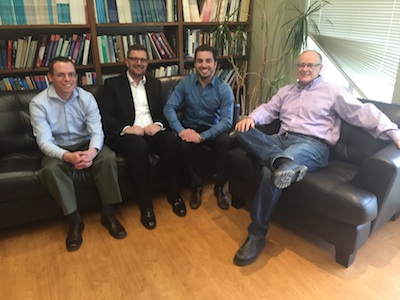 Proud winners of the ARGUS University Challenge L-R: Daniel Slipp, Jeff Mott (MBA candidates) and Josh Bubar (BBA student) with their mentor Glenn Cleland (Director, UNB’s Centre for Financial Studies).