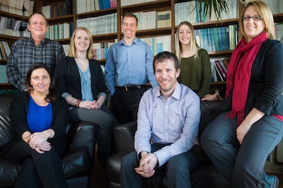 Human Resources Student Association (HRSA) members with HR panelists: standing left to right - Hubert Pickard, Jason Scarboro, Mila Marini (HRSA Executive Member); and sitting left to right - Amy Beswarick, Emily Burns (HRSA President), Mike Burgess, Lori Orchard.