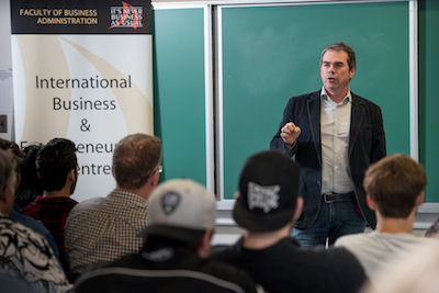 Sean Dunbar talked to students and faculty about his experiences with launching and running Northampton Brewery in Fredericton, NB.