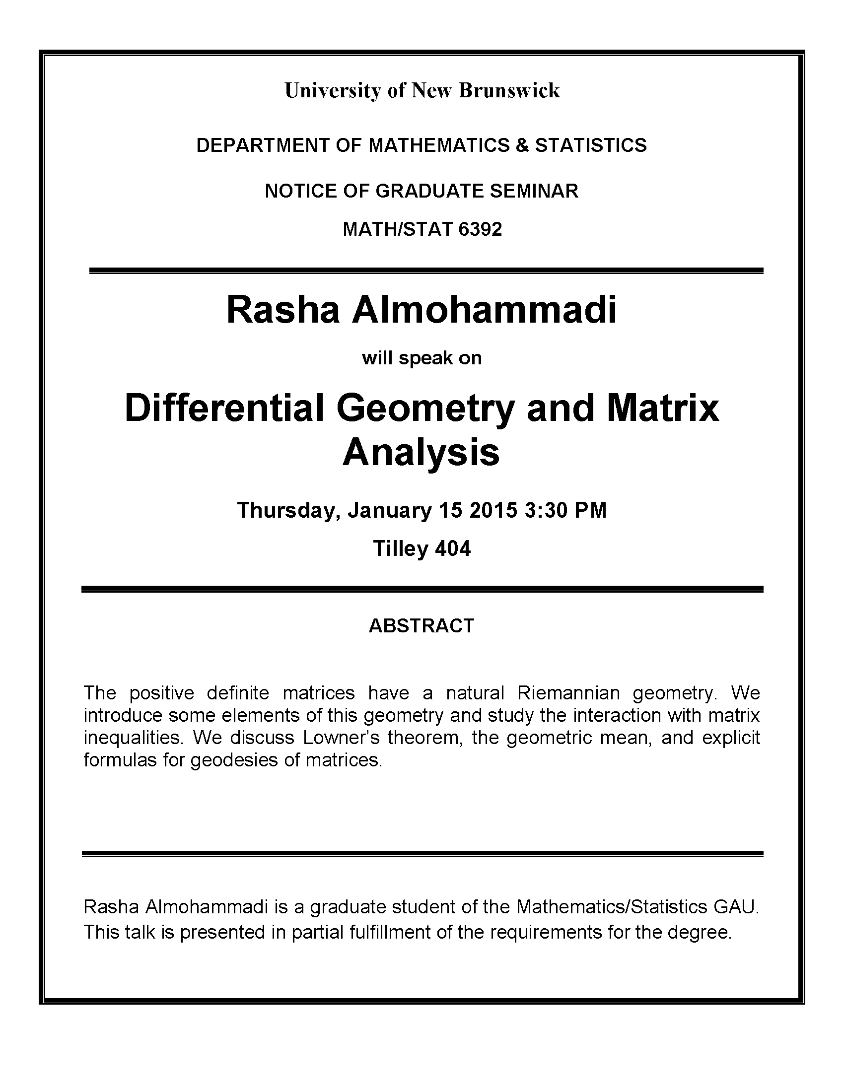 Notice of Graduate Seminar: Differential Geometry and Matrix Analysis