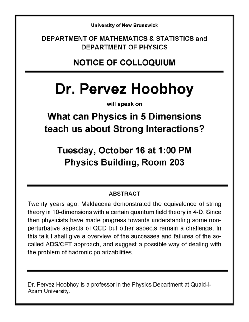Notice of Colloquium: What can Physics in 5 Dimensions teach us about Strong Interactions?