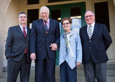 Left to right: Eddy Campbell, president and vice-chancellor, John and Gail Abernethy, and Dave Coleman, dean of engineering.