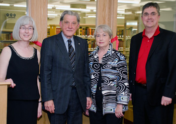 Janet Moss, Geard V. La Forest, C. Anne Crocker and Eddy Campbell, UNB president, at the official unveiling of the La Forest Rare Books Reading Room and the dedication of the C. Anne Crocker New Brunswick Legal Heritage Collection.