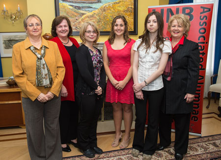 Left to right: Carmen Hambrook, student-award recipient; Diane Campbell, event host; Nikki Chapman, student-award recipient; Brittany LeBlanc, student-award recipient; Olga Mastikhina, student-award recipient; Karen Taylor, president of the Associated Alumnae.