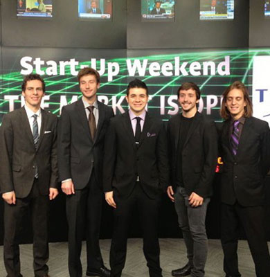 The Groupnotes team opening the Toronto Stock Exchange after winning Startup Weekend Toronto (L-R: Greg Connell, Jason Moore, Matthew Gardner, Graham Kennery and Mathieu Gosbee)