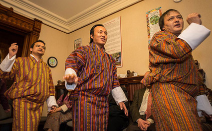 Bhutanese students, (left-Right) Rabsel Dawa, Jangchu Tenzin and Karma Phunsho, performed some traditional songs and dances at the New Years celebrations. Photography by Peter Gross.