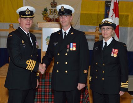 Captain (N) Dickinson, Deputy Commander Naval Reserve; CPO2 Todd Kelly, and Commander Syvertsen-Bitten, Commanding Officer HMCS Brunswicker, during the presentation of the Queen's Diamond Jubilee Medal - September 26, 2012 