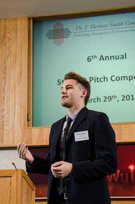 Student delivering his pitch at last year's competition.