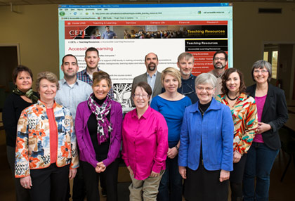 Back to front, left to right: Keith Walkinshaw, UNB law student; Gary Waite, chair, UNB History; Bev Bramble, instructional designer, UNB Teaching and Learning Services; Andrew Daley, assistive technologist, UNB Libraries; Patti Peterson, UNB  assistant professor of Education and presenter at the Pacific Rim International Conference on Disability & Diversity; Ryan Hamilton, UNB assistant professor of Psychology; Kelley Flowers, Student Accessibility Centre disability resource coordinator; Roxanne Reeves, adjunct professor, UNB’s Renaissance College; Jody Gorham, director, UNB Student Accessibility Centre; Barbara Roberts, UNB human rights officer; Jayne Glenn, UNB education (MEd.) student; Krista Wilkins, UNB assistant professor of Nursing; and Shirley Cleave, UNB associate vice president academic (learning environment).