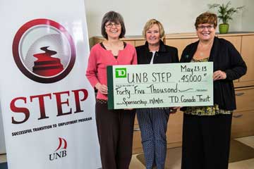 Jody Gorham, Director, UNBF Student Accessibility Centre; Pat Dingwall, Transitions and Accommodations Facilitator, UNBF Student Accessibility Centre; Gloria Murphy, Manager, TD Canada Trust, Westmorland Street Branch, Fredericton.