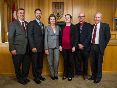 UNB recently celebrated the establishment of Charles J.A. Hughes & Edith B. Atwater Hughes Scholarship. Pictured from left are Eddy Campbell, president & vice-chancellor; Roy Stewart, inaugural recipient; Barbara Hughes-Campbell (BA ‘69), Richard’s sister; Rose Campbell (BA ’05, LLB ‘09), Richard’s niece; James Kitchen (BA ’13), inaugural recipient; John Williamson, interim dean of law.