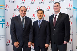 From left to right: NB Power President and CEO, Gaëtan Thomas; Professor of Electrical and Chemical Engineering Liuchen Chang; and, UNB President Eddy Campbell