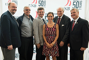 Dr. David Burns, Vice-President (Research); Mr. Michael Doyle, Governor, Sir James Dunn Foundation; Dr. Bruno Battistini, CEO, NBHRF; Dr. Shelley Doucet, Jarislowsky Chair in Interprofessional Patient-Centred Care; Dr. Roy Heenan, Director, The Jarislowsky Foundation; Dr. Robert MacKinnon, Vice-President Saint John