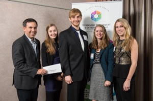 First place winners, Tempo, from left to right: Marc Savoie(presenting the award), Nicole Bendrich, Ryan MacDonald, Sophie Daigle, and Katie Wilson