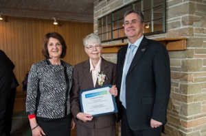 CFUW Fredericton president Sharon Crabb, Nora Ni Chuiv and UNB president Eddy Campbell.