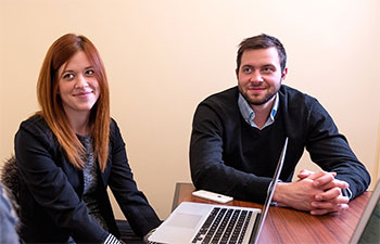 MBA candidates Joanna Nickerson and Elliot Thompson are working with entrepreneur, Melani Flanagan, co-founder of Kinderguardian, in a new course that teaches students to assess risk from the perspective of venture capitalists like the New Brunswick Innovation Foundation.