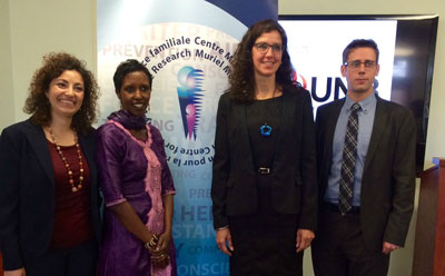 From left to right - Dr. Costanza Torri and Hyasinter Rugoro, project co-chairs, join Dr. Catherine Holtmann, director of the Muriel McQueen Ferguson Centre, and Alex LeBlanc, managing director of the New Brunswick Multicultural Council. Dr. Torri and Ms. Rugoro will bring first-hand experience as immigrant women to the coordinated response.