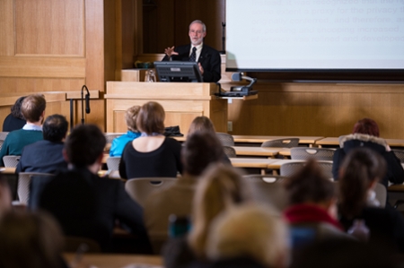 There are three events being held in memory of Ivan C. Rand at the University of New Brunswick. Here, Professor A. Wayne MacKay speaks at the 2014 Rand Lecture. 