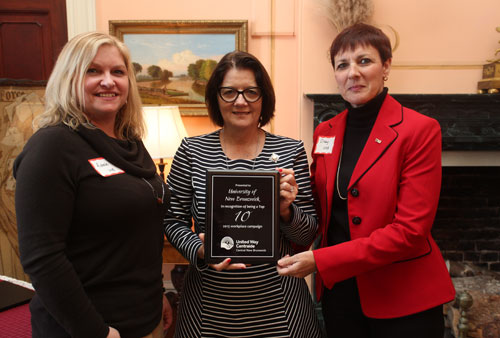 From left to right: Richelle Corey, manager, student accounts and receivables with financial services at UNB in Fredericton, Lieutenant Governor Jocelyne Roy-Vienneau, and Cindy Flann, director of financial services and assistant comptroller at UNB.