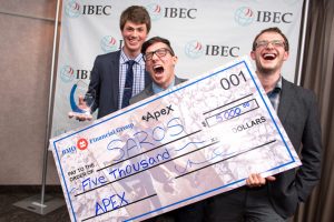 Team Saros celebrates after winning $5,000 at the 2016 BMO Financial Group Apex Business Plan Competition. From left, Jonathan Waye, Alex Battah and Kris Bowman. Credit: Joy Cummings / Photo UNB