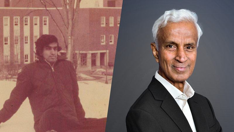 Photo of Subramonian Shankar 1975 UNB, front of Head Hall, Fredericton campus and this recent photo of him