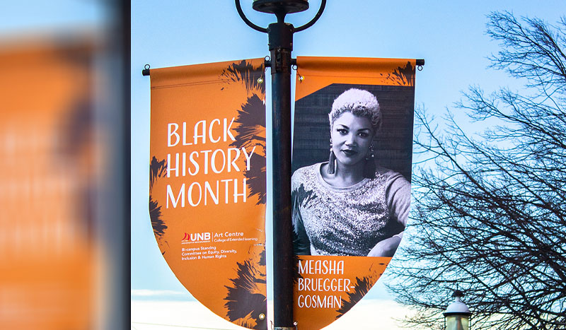 A photo of one of the Black History Month banners in Downtown Fredericton