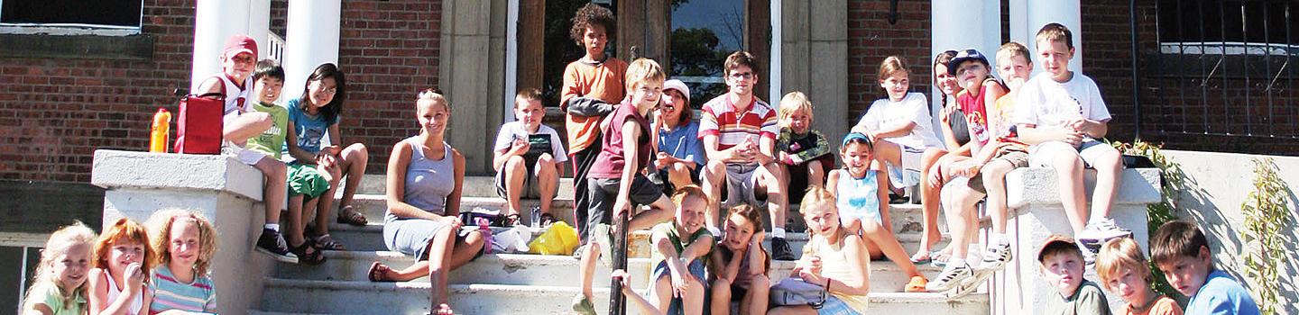 Camp kids on the front steps of Memorial Hall