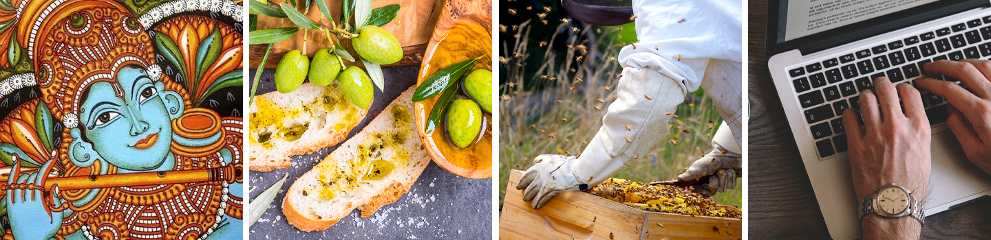 Four photographs: A colourful mural, white bread with olive oil on it, a person in a beekeeping suit surrounded by a hive, and a laptop