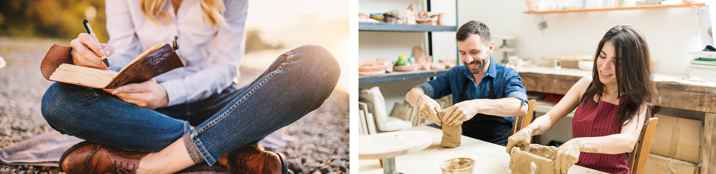 Two photographs - one of a woman sitting cross legged on the ground writing in a notepad and the other of two people doing pottery