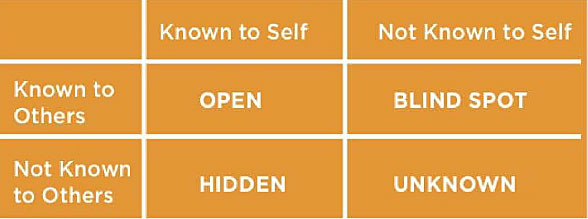 Chart specifying that a blind spot is one that is known to others but not to self