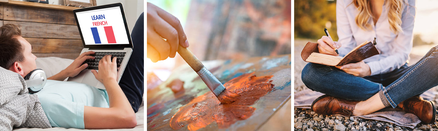 Three photographs of people doing different activities