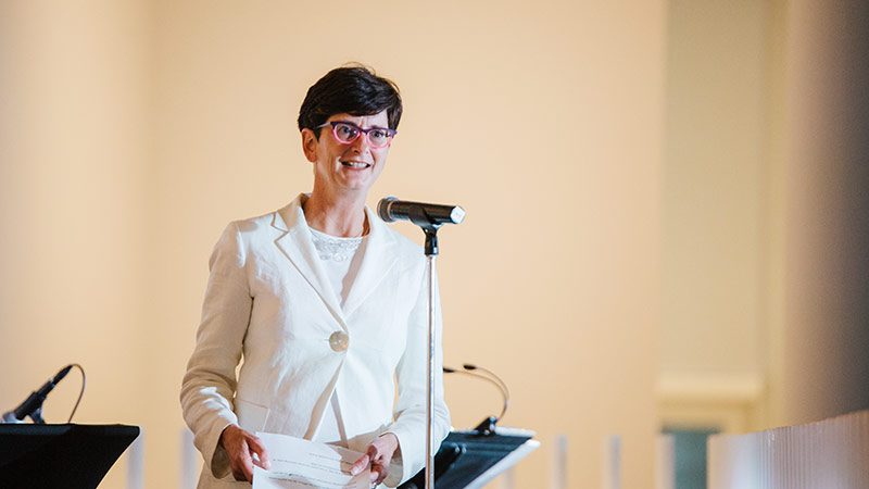 Adrienne Oldford, executive director of the McKenna Institute, announced the digital pathways program partnership with NBCC and UNB Saint John, made possible with a $1m gift from JDI, Limited at an event on Oct 12, 2023.