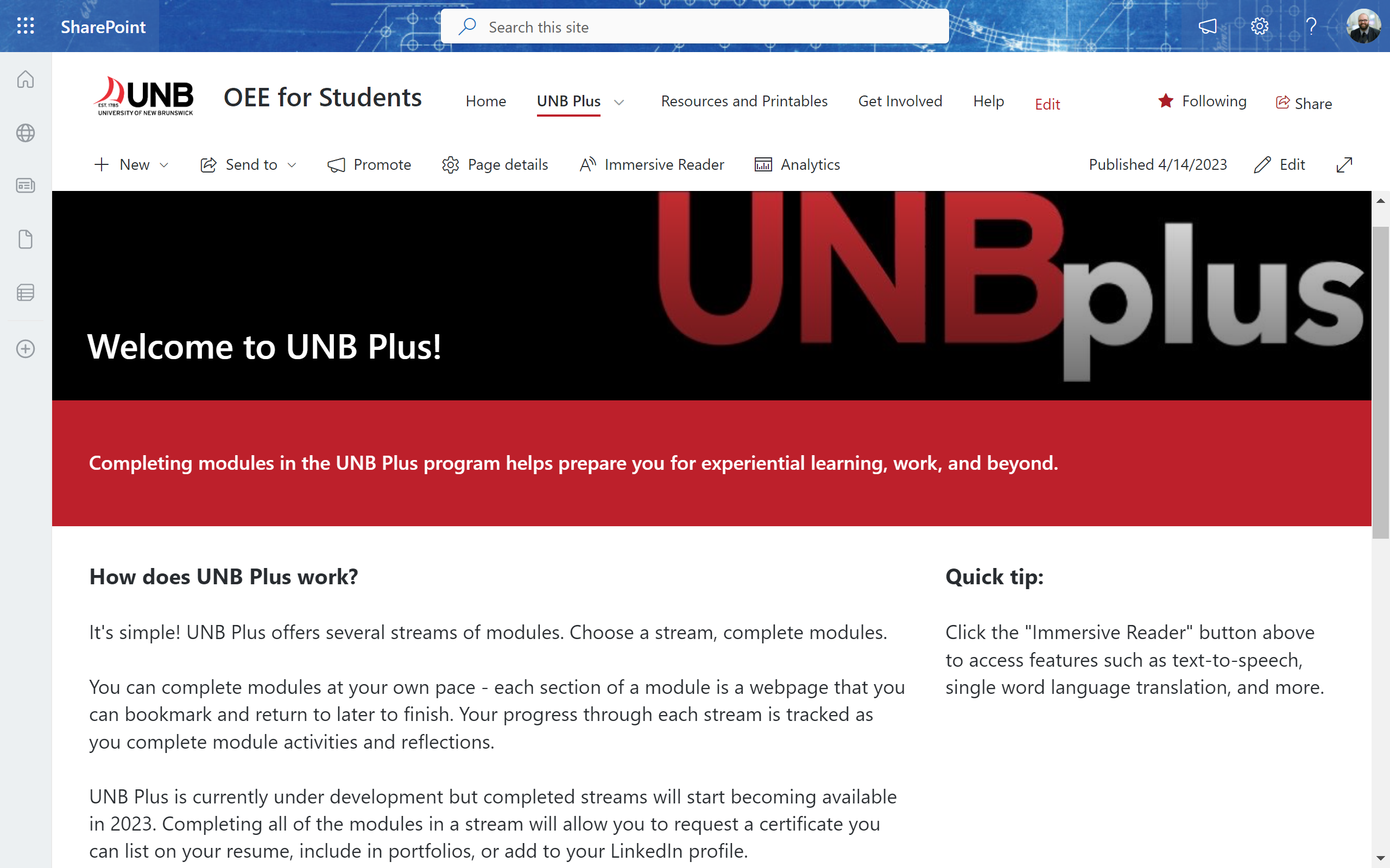 screenshot of the UNB Plus program landing page