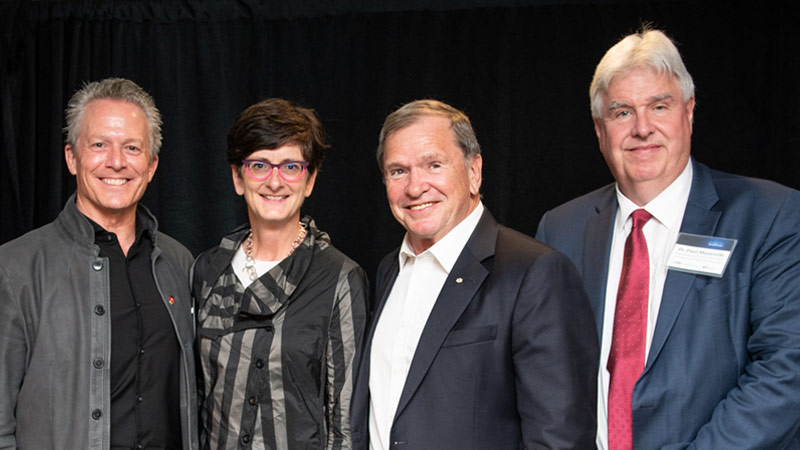 from left to right: Hans Keirstead, CEO of AIVITA Biomedical Inc.; Adrienne Oldford, executive director, The McKenna Institute; Frank McKenna, Benefactor, The McKenna Institute; Dr. Paul Mazerolle, president and vice-chancellor, UNB. Photo credit: UNB Media Services.