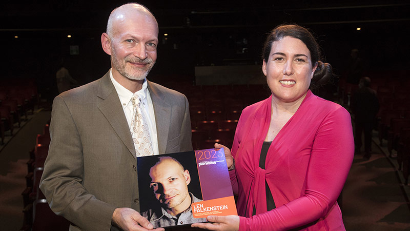 Len Falkenstein accepting his award from Tania Breen, Vice-President of the Fredericton Playhouse's Board of Directors.
