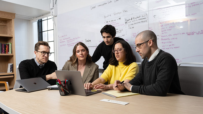 From left, Jacob Powning, Laura Rourke, Amin Tabrizchi, Dr. Argyri Panezi and Kyle Cullen of UNB’s Legal Innovation Lab.