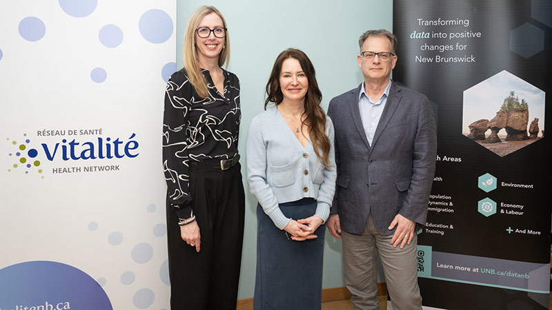 Dr. France Desrosiers, President and CEO of Vitalité Health Network, pictured with Dr. Ted McDonald, Director of DataNB, and Kelly Scott-Storey, Associate Vice President, Research, Innovation and Partnerships at the University of New Brunswick.