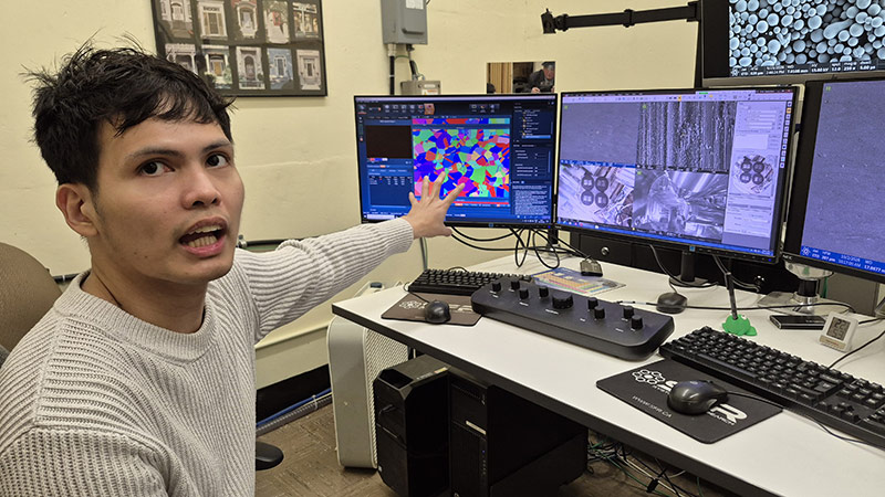 Jubert Pasco, a Mechanical Engineering postdoctoral researcher with Dr. Clodualdo Aranas, analyzing the microstructure of gas-atomized steel powders.