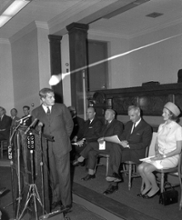 Justice minister John Turner, the future prime minister, speaking at the opening of Ludlow Hall, 1968. UNB Archives & Special collections (Joe Stone and Sons Ltd fonds, UA RG 340)